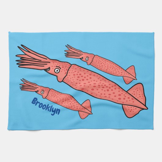 Pink happy squid cartoon illustration  キッチンタオル (横)