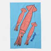 Pink happy squid cartoon illustration  キッチンタオル (縦)