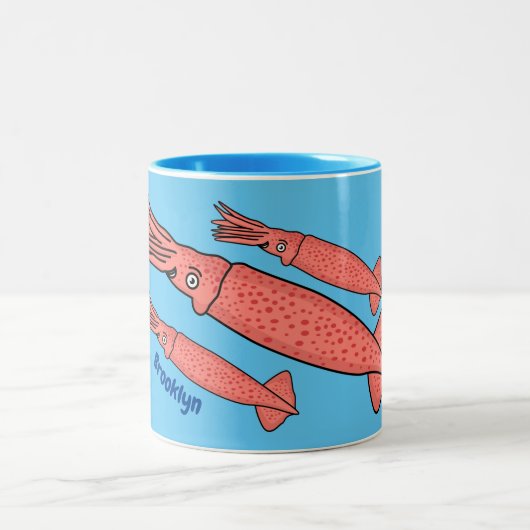 Pink happy squid cartoon illustration  ツートーンマグカップ (中央)