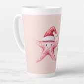 Pink Happy Starfish Santa Hat カフェラテマグ (左アングル)