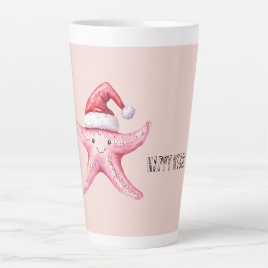 Pink Happy Starfish Santa Hat カフェラテマグ (正面)
