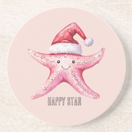 Pink Happy Starfish Santa Hat コースター (正面)