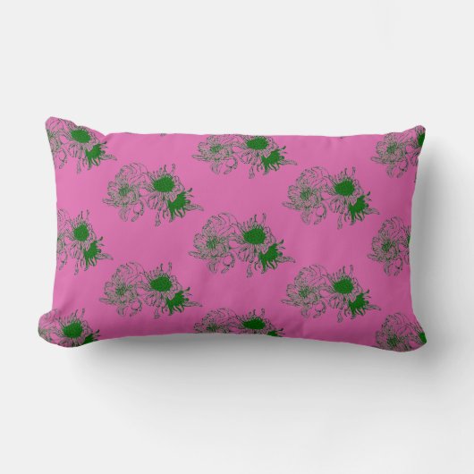 “Pink Harmony – Green Chrysanthemum Pattern Pillow ランバークッション (正面)