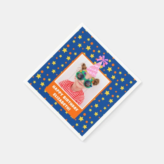 Pink Hatパーソナライズされた付きキッドフォトハッピーバースデー スタンダードカクテルナプキン (角)