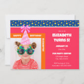 Pink Hatパーソナライズされた付きキッドフォトハッピーバースデー 招待状 (正面)