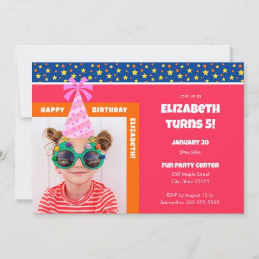 Pink Hatパーソナライズされた付きキッドフォトハッピーバースデー 招待状 (正面)