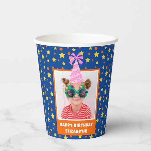 Pink Hatパーソナライズされた付きキッドフォトハッピーバースデー 紙コップ (裏面)