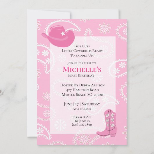 Pink Hat Boots Cow Girl First Birthday 招待状 (正面)