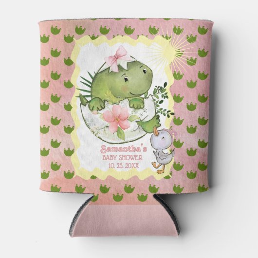 Pink Hatching Dino Baby Shower Can Cooler  缶クーラー (正面)