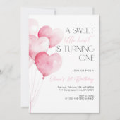 Pink Heart Balloon First Birthday 招待状 (正面)
