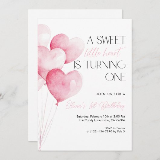 Pink Heart Balloon First Birthday 招待状 (正面/裏面)
