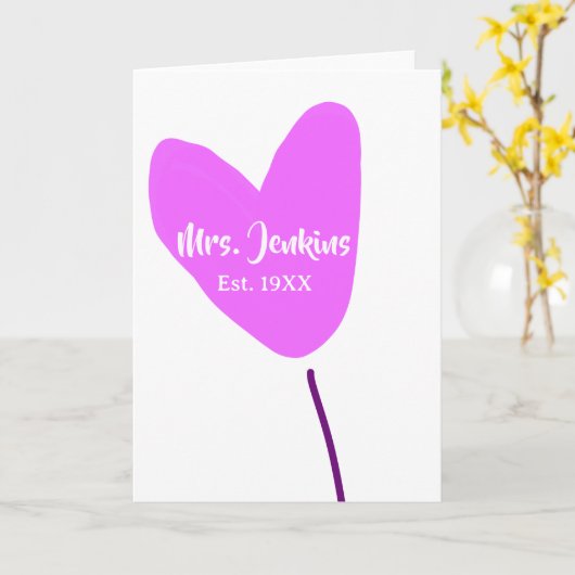 Pink heart balloon Mrs add name est. Add year love カード (黄色い花)