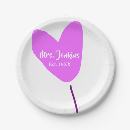 Pink heart balloon Mrs add name est. Add year love ペーパープレート (正面)