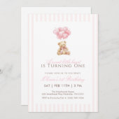 Pink Heart Balloon Teddy Bear 1st Birthday 招待状 (正面/裏面)