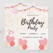 Pink Heart Balloons Birthday Party Invitation 招待状 (正面/裏面)