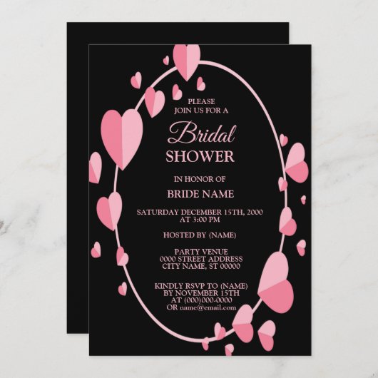 Pink Heart Black Geometric Bridal Shower Party 招待状 (正面/裏面)