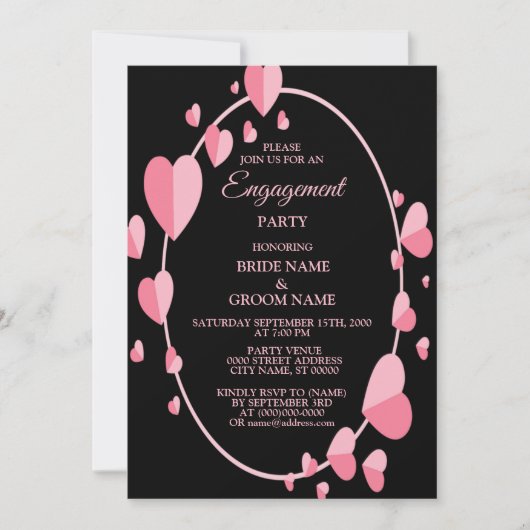 Pink Heart Black Geometric Engagement Party 招待状 (正面)