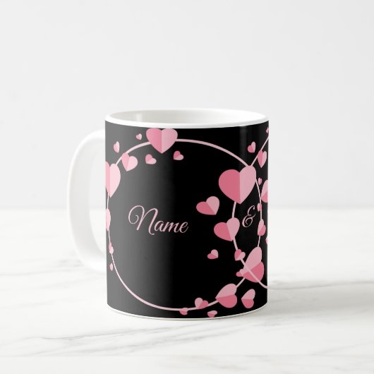 Pink Heart Black Geometric Wedding Party Elegant コーヒーマグカップ (正面左)