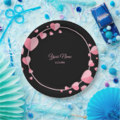 Pink Heart Black Geometric Wedding Party Elegant ペーパープレート (パーティー)