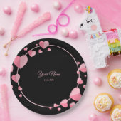 Pink Heart Black Geometric Wedding Party Elegant ペーパープレート (パーティー)