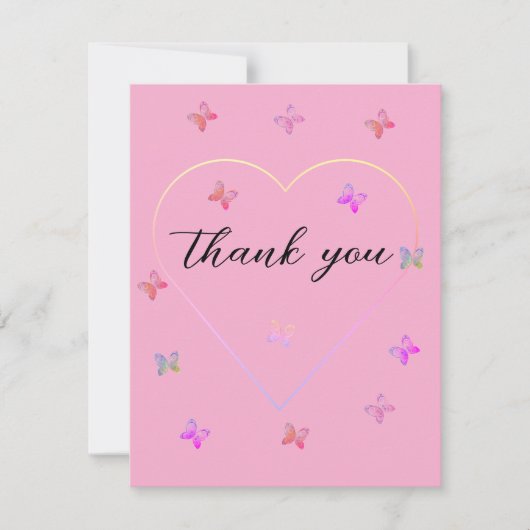 Pink Heart Butterfly girl baby shower サンキューカード (正面)
