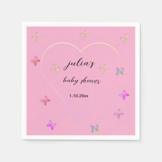 Pink Heart Butterfly girl baby shower  スタンダードカクテルナプキン (正面)