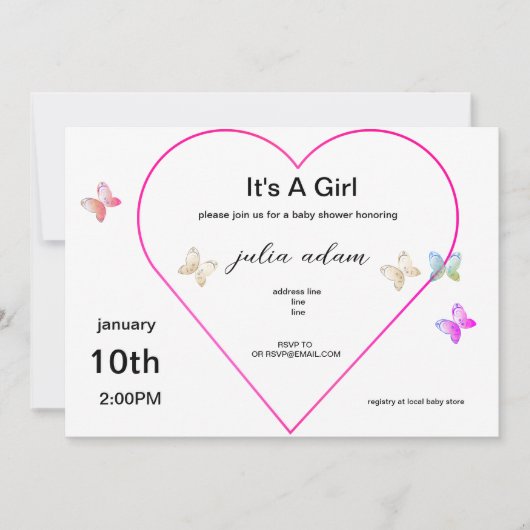 Pink Heart Butterfly girl baby shower Invitation 招待状 (正面)
