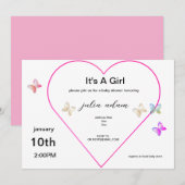 Pink Heart Butterfly girl baby shower Invitation 招待状 (正面/裏面)