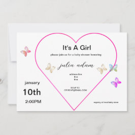Pink Heart Butterfly girl baby shower Invitation 招待状