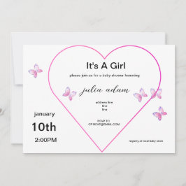 Pink Heart Butterfly girl baby shower Invitation 招待状