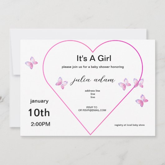 Pink Heart Butterfly girl baby shower Invitation 招待状 (正面)