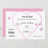 Pink Heart Butterfly girl baby shower Invitation 招待状 (正面/裏面)