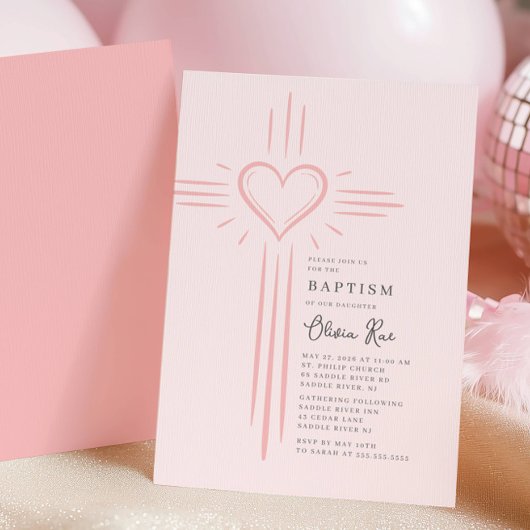 Pink Heart Cross Baptism Invitation 招待状