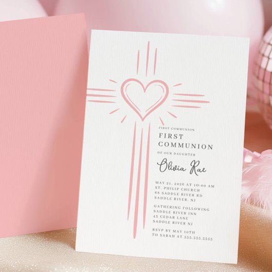 Pink Heart Cross First Communion Invitation 招待状