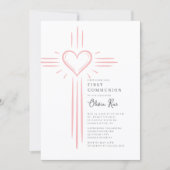 Pink Heart Cross First Communion Invitation 招待状 (正面)