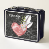 Pink Heart Feathers Black Marble BG Personalized メタルランチボックス (裏面)