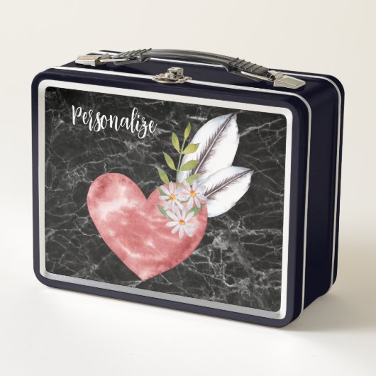 Pink Heart Feathers Black Marble BG Personalized メタルランチボックス (正面)