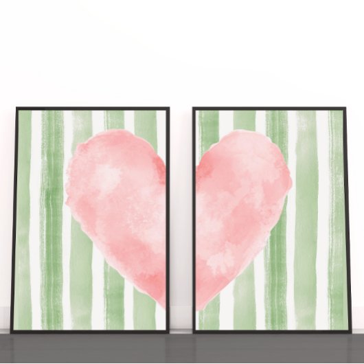 Pink Heart Green Stripes Watercolor, Cute Girly