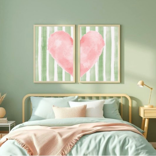 Pink Heart Green Stripes Watercolor, Cute Girly