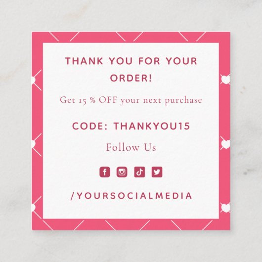Pink Heart Grid Business Thank You Insert Card スクエア名刺 (裏面)