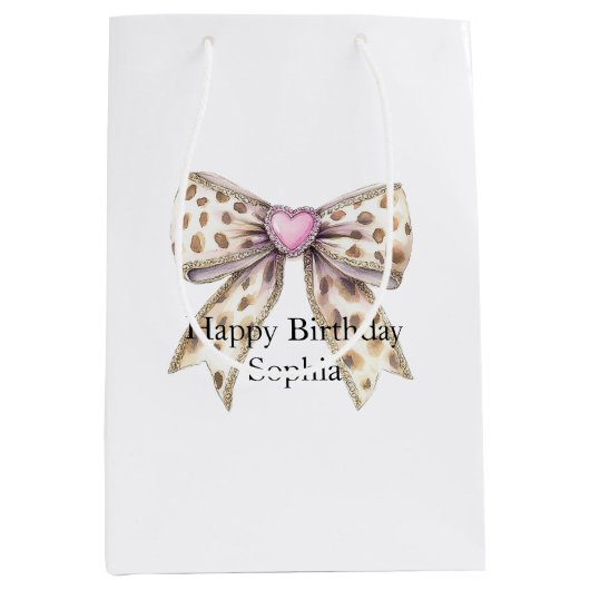Pink Heart Leopard Girly Bow Birthday ミディアムペーパーバッグ (正面)