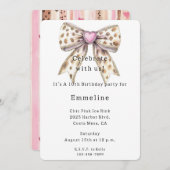 Pink Heart Leopard Girly Bow Birthday 招待状 (正面/裏面)