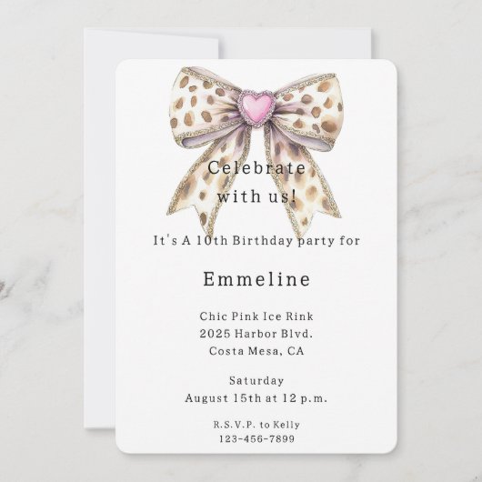 Pink Heart Leopard Girly Bow Birthday 招待状 (正面)