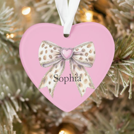 Pink Heart Leopard Girly Bow Christmas オーナメント (ツリー)