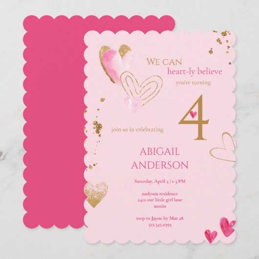 Pink Heart-ly Believe Birthday Party 招待状 (正面/裏面)