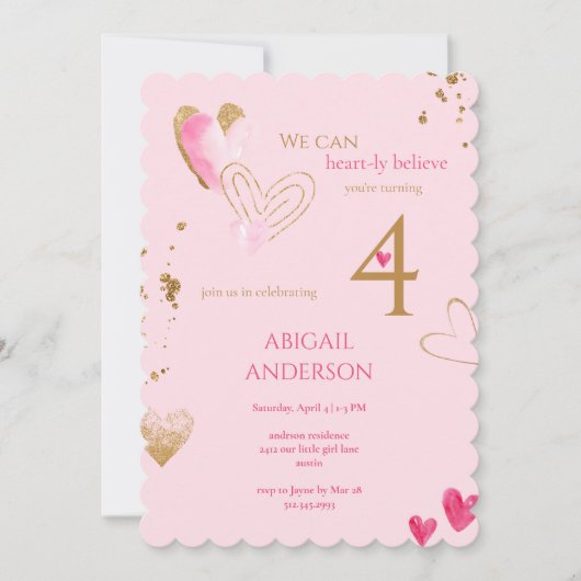 Pink Heart-ly Believe Birthday Party 招待状 (正面)