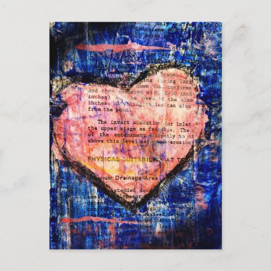 Pink Heart on Blue Mixed Media Art ポストカード (正面)