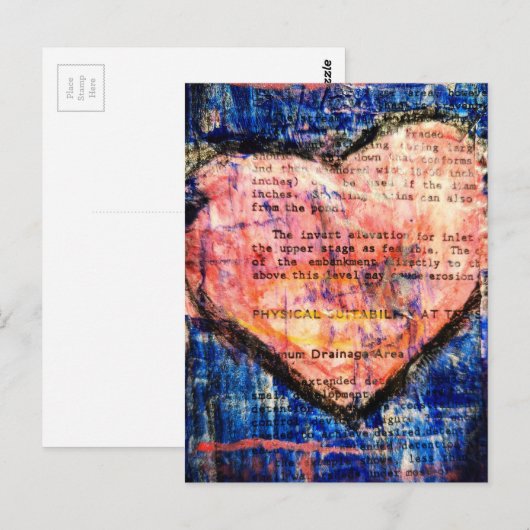 Pink Heart On Blue Mixed Media Collage ポストカード (正面/裏面)