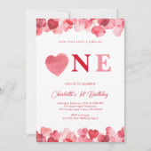 Pink Heart One First Girl Birthday  招待状 (正面)