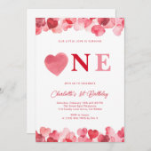 Pink Heart One First Girl Birthday  招待状 (正面/裏面)